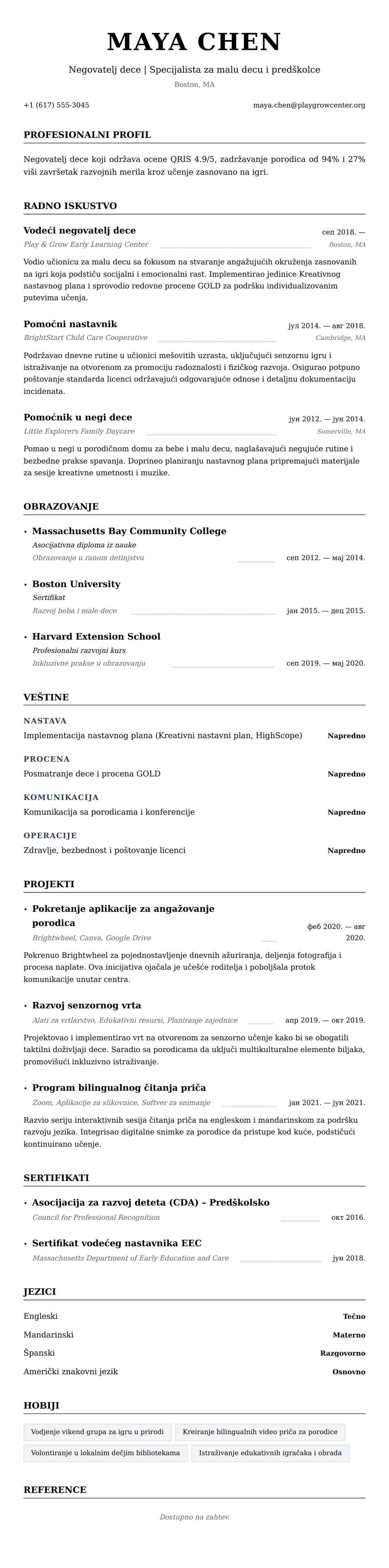 Pregled životopisa za Primer CV-a za negovatelja dece