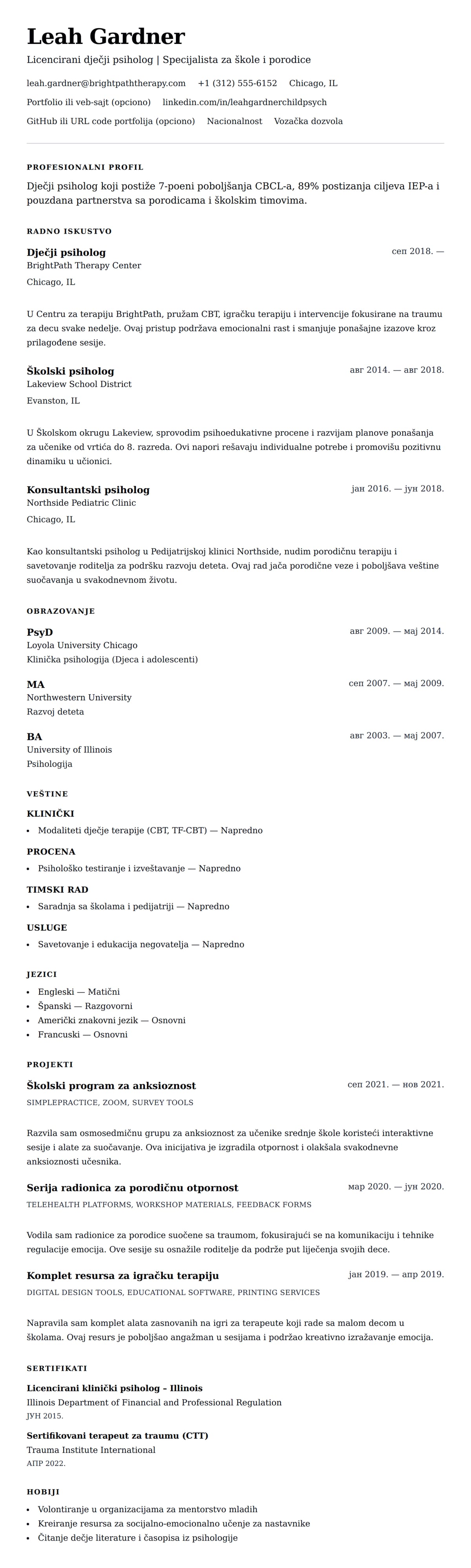 Pregled životopisa za Primjer životopisa dječjeg psihologa