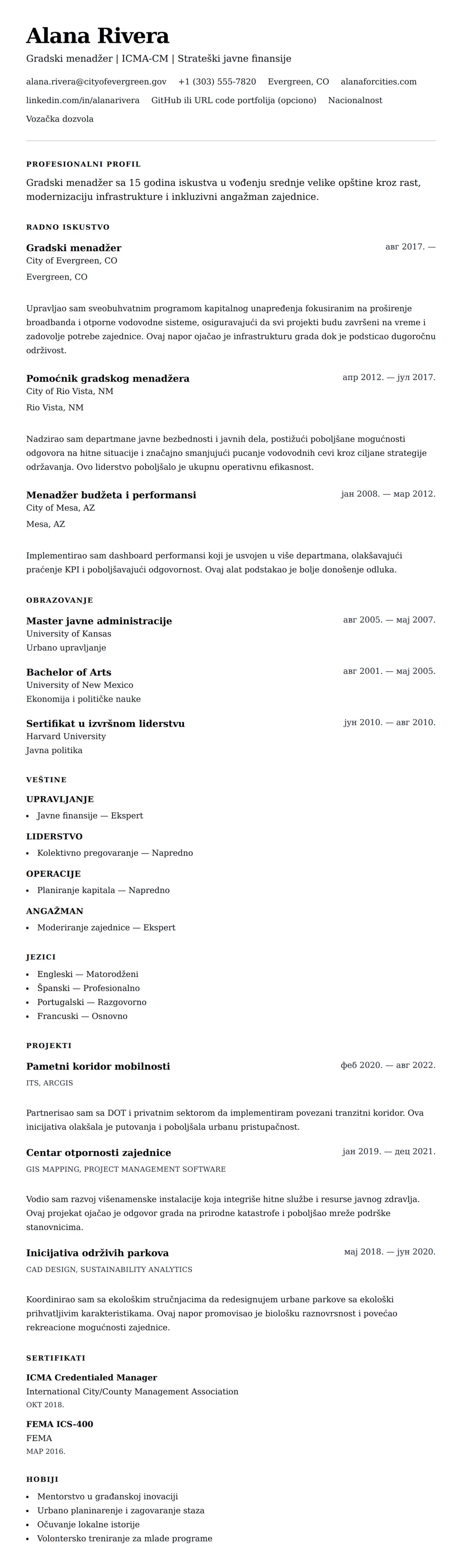 Pregled životopisa za Primer CV-a za gradskog menadžera