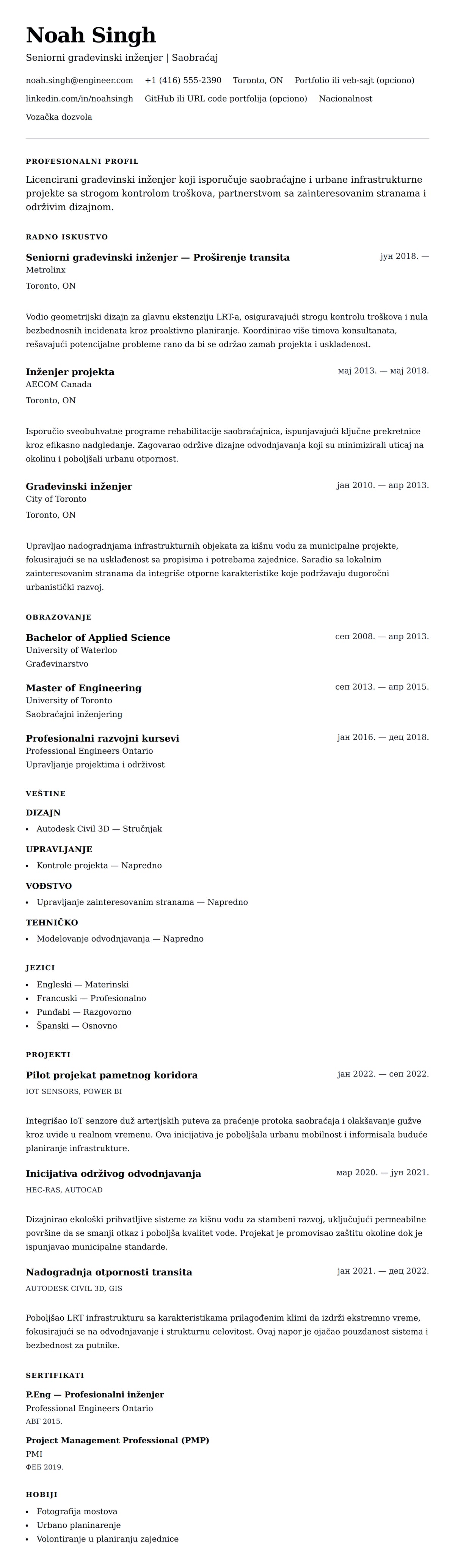 Pregled životopisa za Primer CV-a za građevinskog inženjera