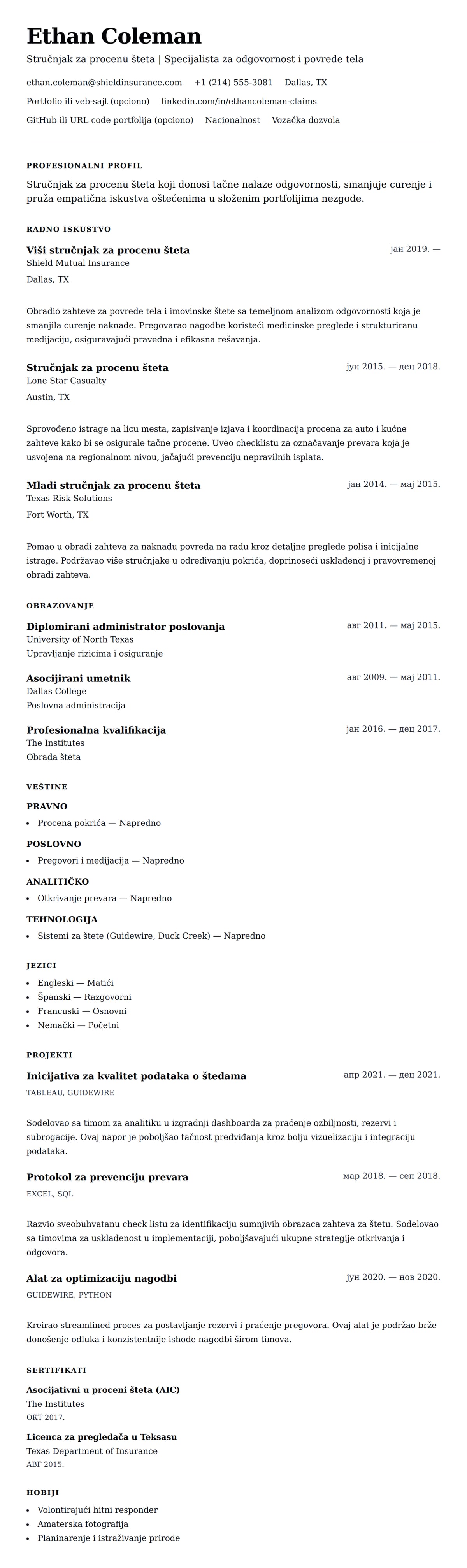 Pregled životopisa za Primjer životopisa za stručnjaka za procenu šteta