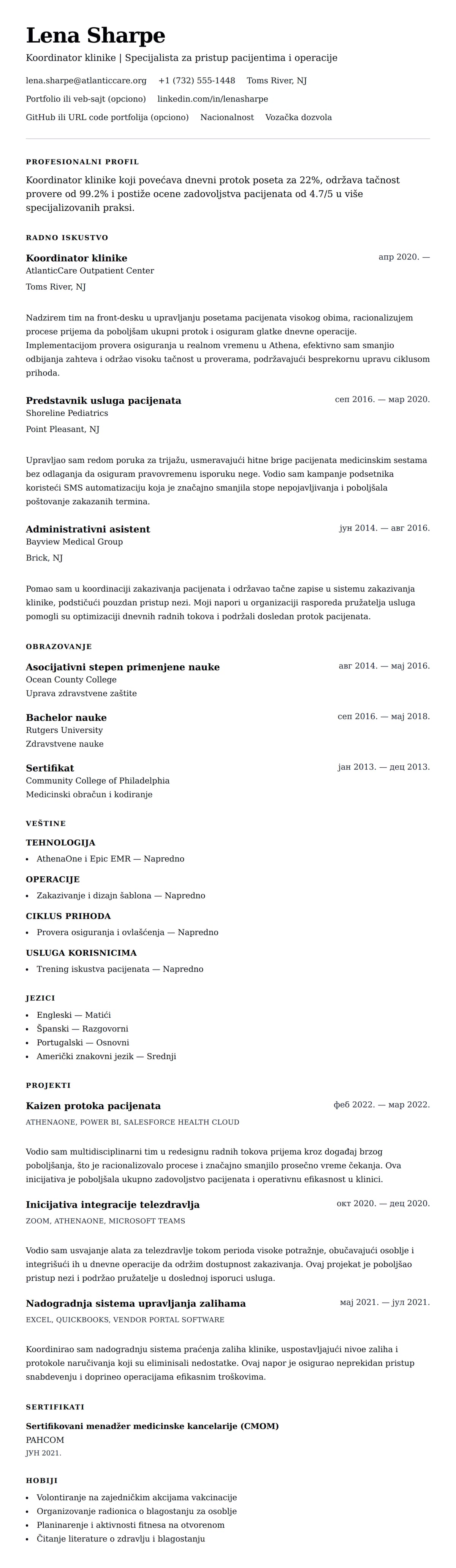 Pregled životopisa za Primer CV-a za koordinatora klinike