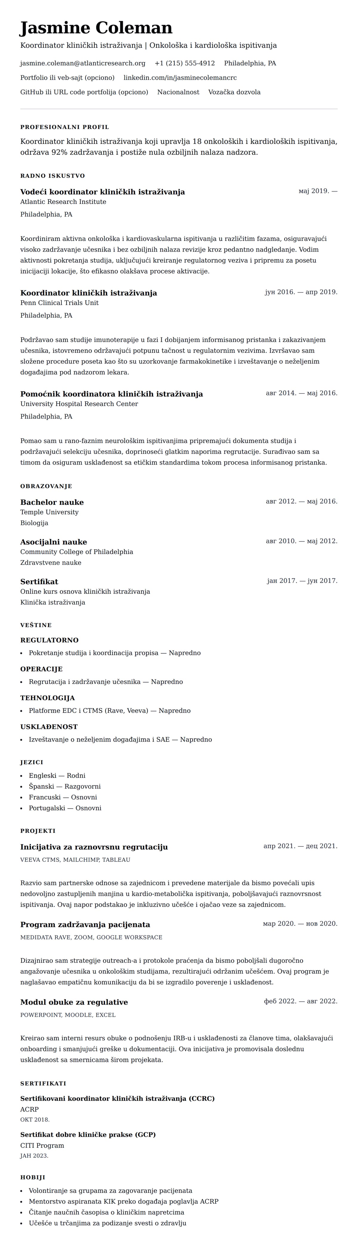 Pregled životopisa za Primer CV-a za Koordinatora kliničkih istraživanja