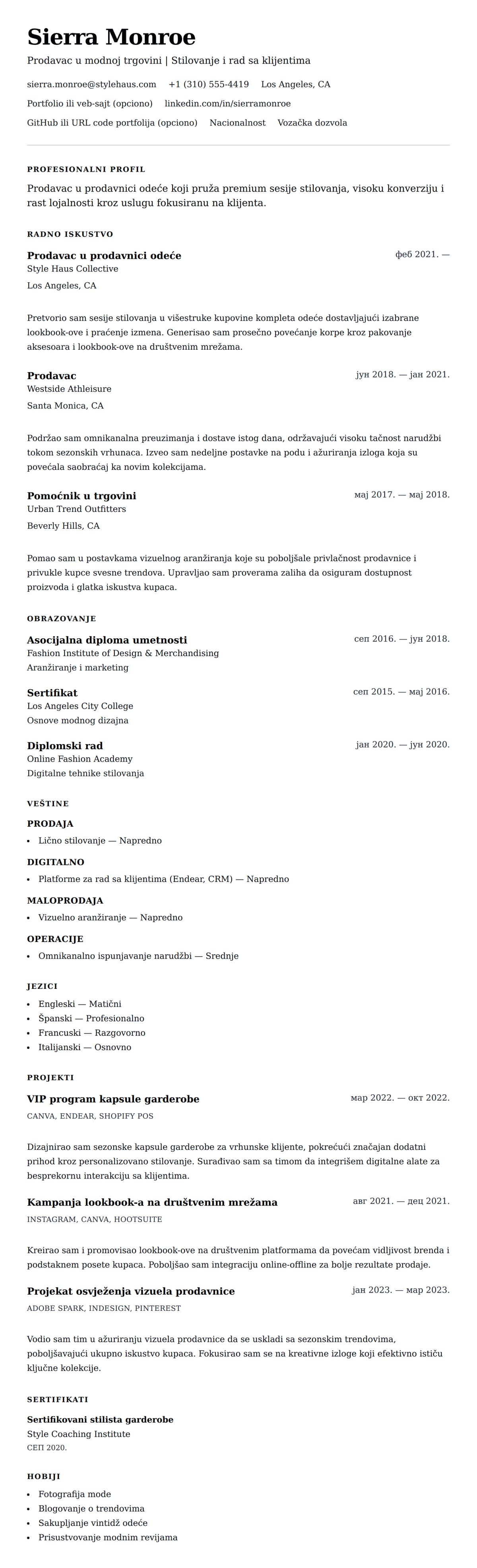 Pregled životopisa za Primer CV-a za prodavca u prodavnici odeće