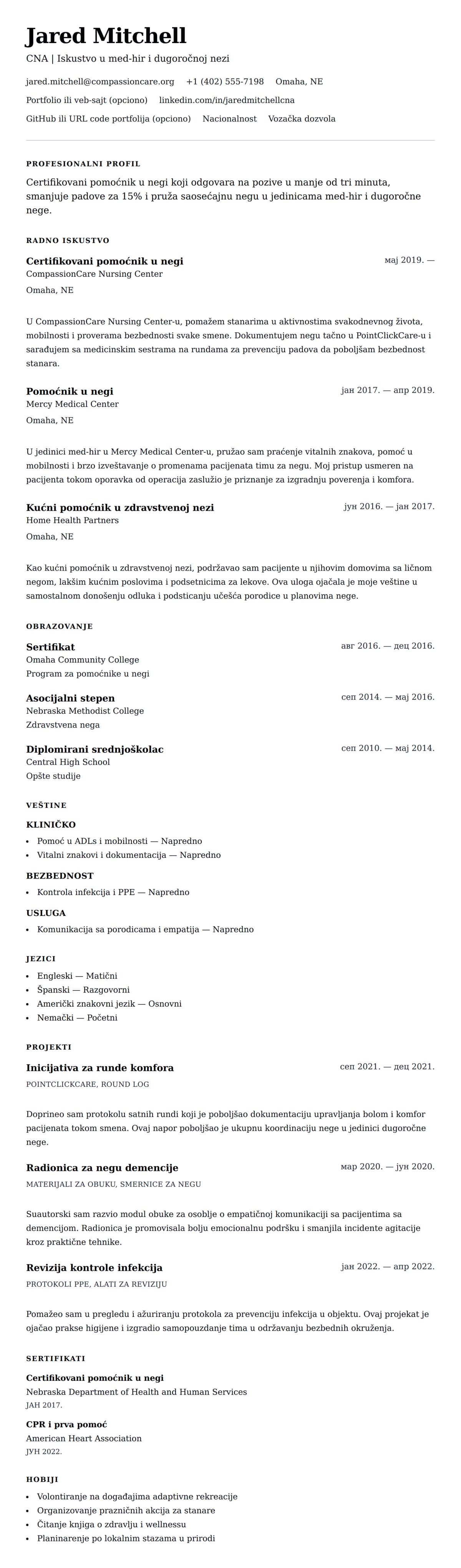 Pregled životopisa za Primer CV-a za certifikovanog pomoćnika u negi (CNA)