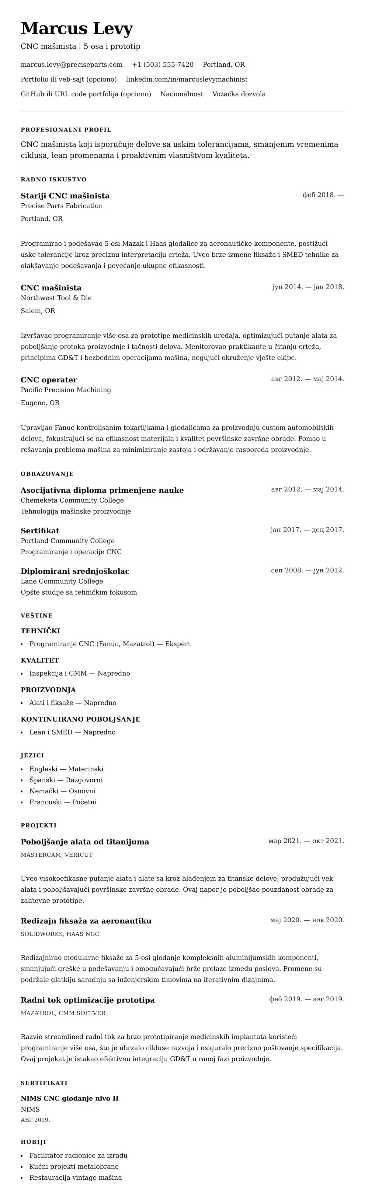 Pregled životopisa za Primer CV-a za CNC mašinistu