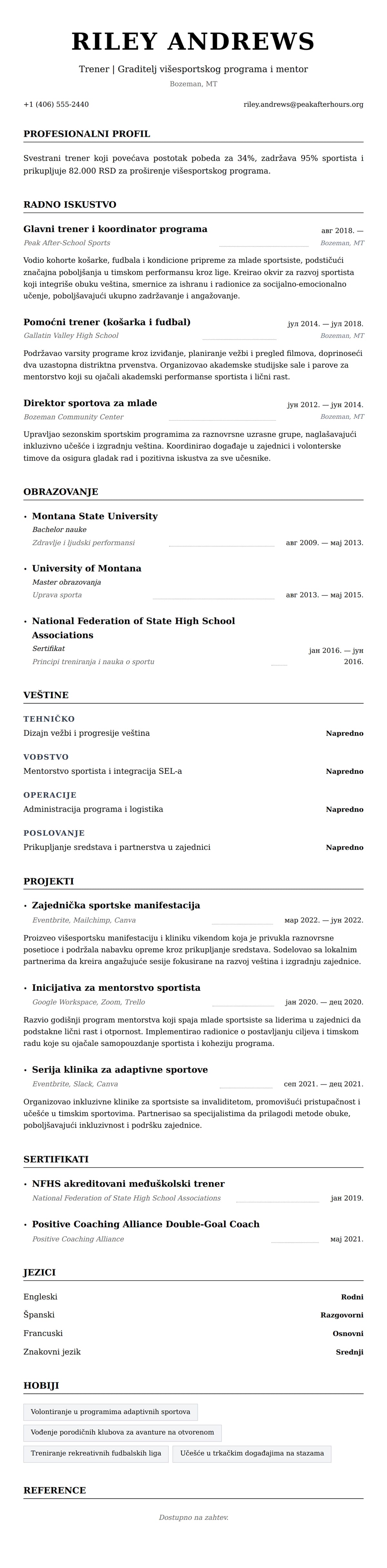 Pregled životopisa za Primer CV-a za trenera