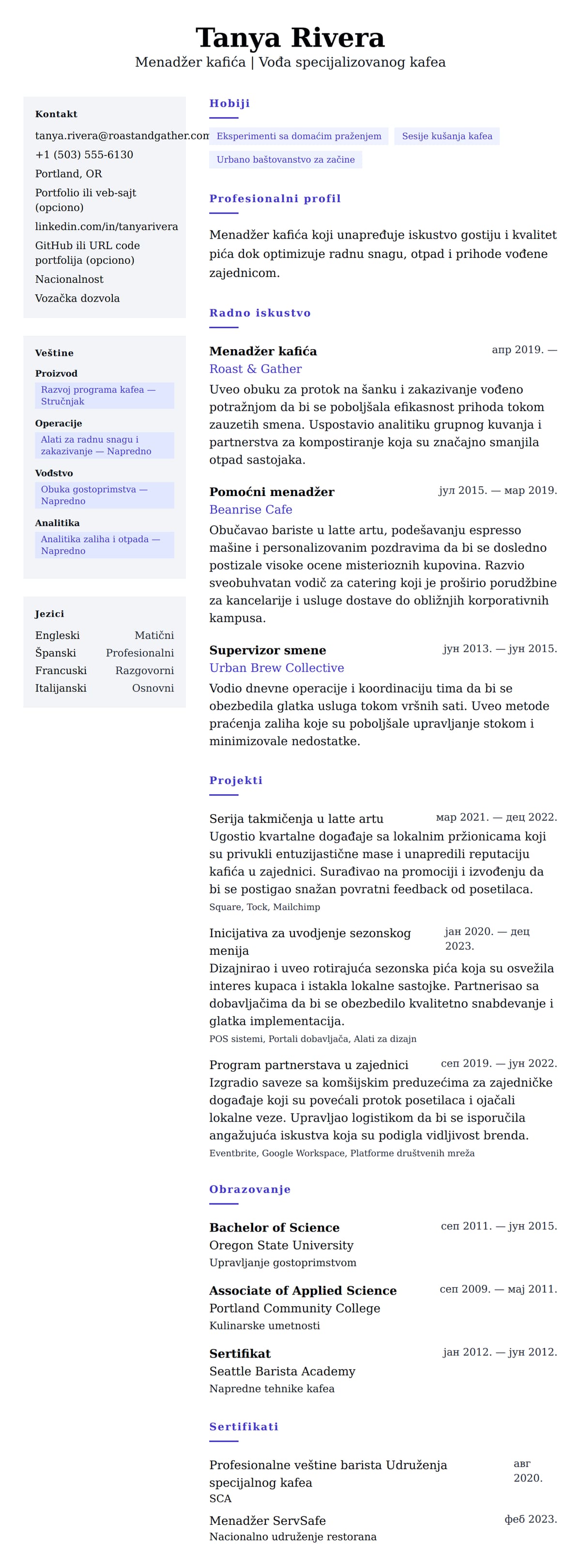 Pregled životopisa za Primer životopisa za menadžera kafića