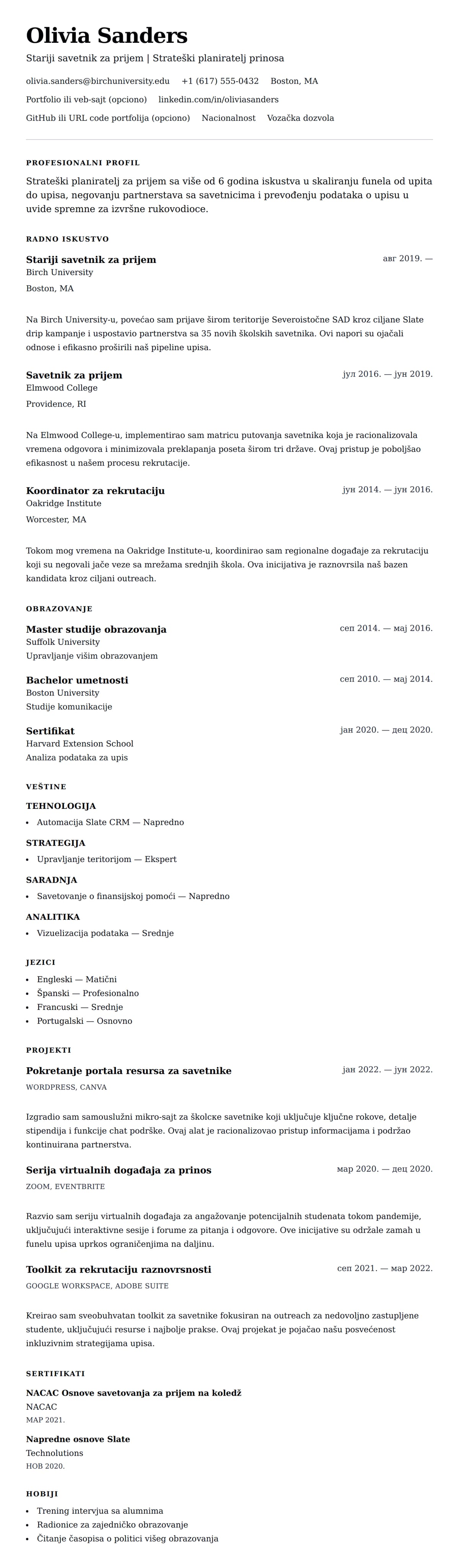 Pregled životopisa za Primer CV-a za savetnika za prijem na koledž