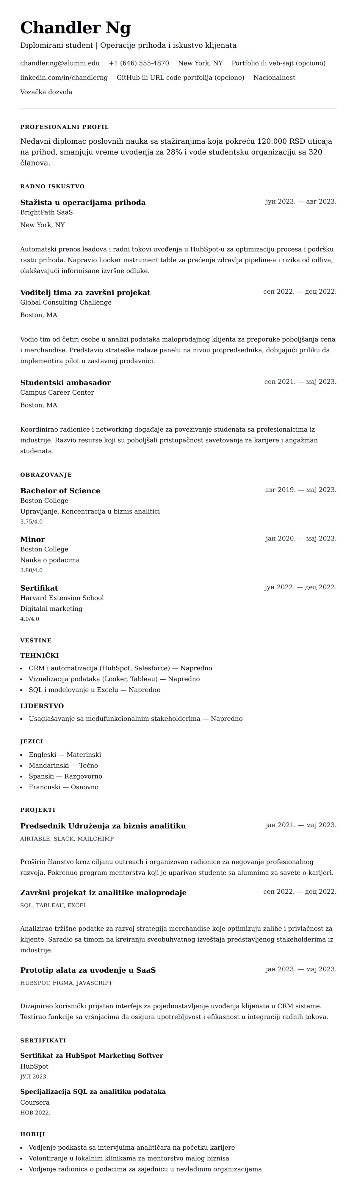 Pregled životopisa za Primer CV-a za diplomirane studente