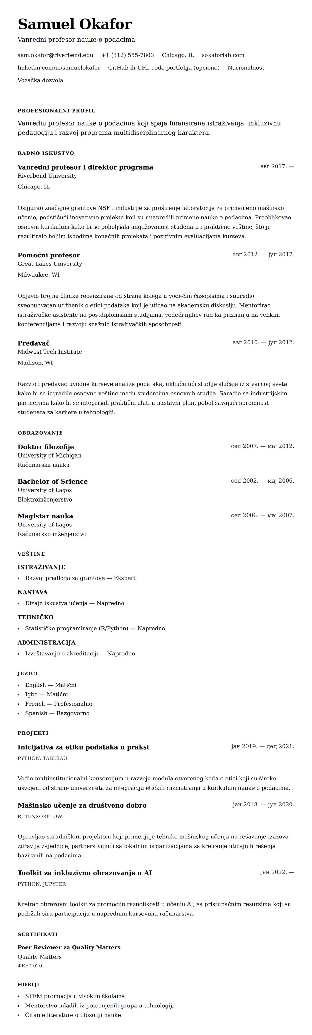 Pregled životopisa za Primer CV-a za univerzitetskog profesora