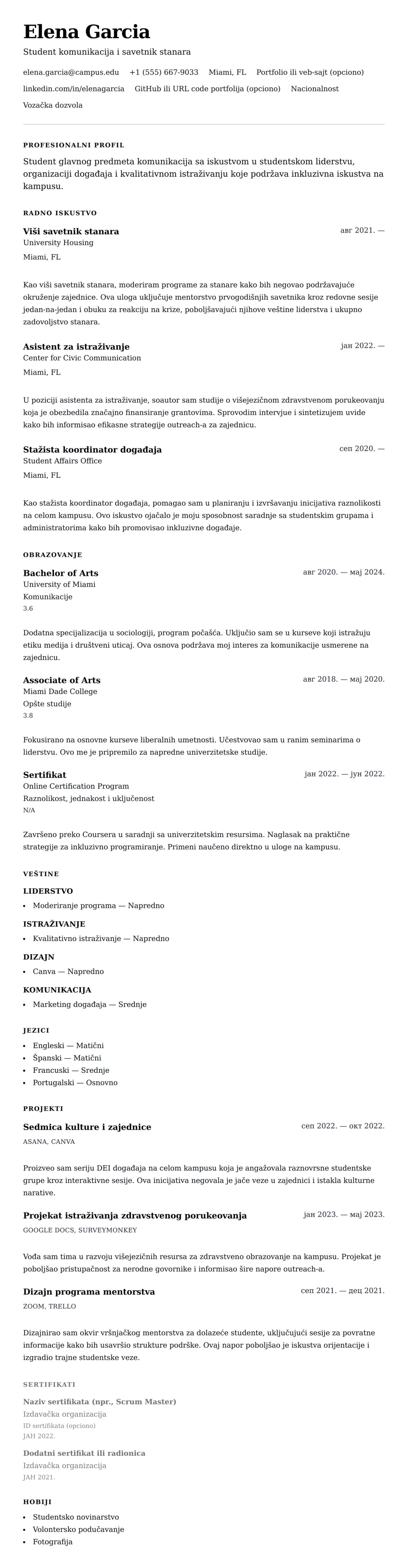 Pregled životopisa za Primer CV-a za studenta na fakultetu