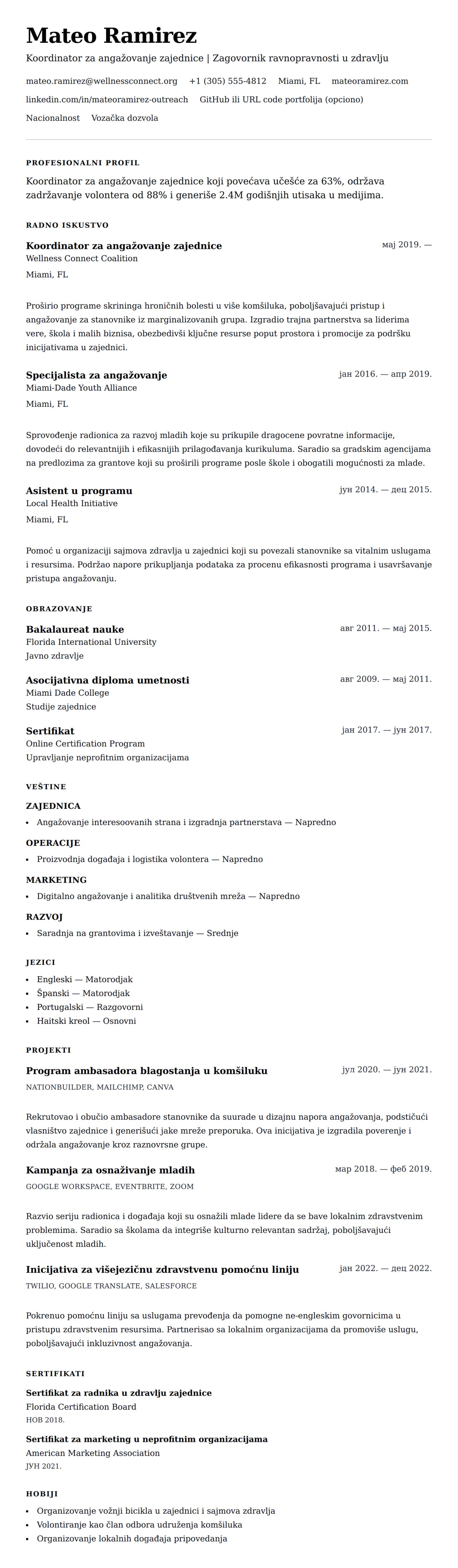 Pregled životopisa za Primer CV-a za koordinatora za angažovanje zajednice