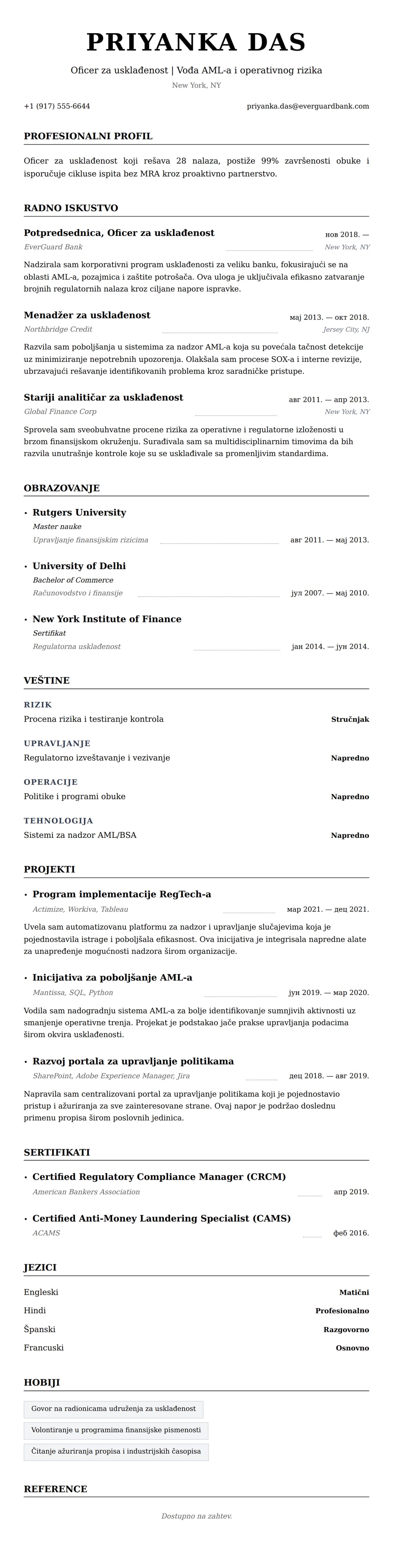 Pregled životopisa za Primer CV-a za Oficera za usklađenost