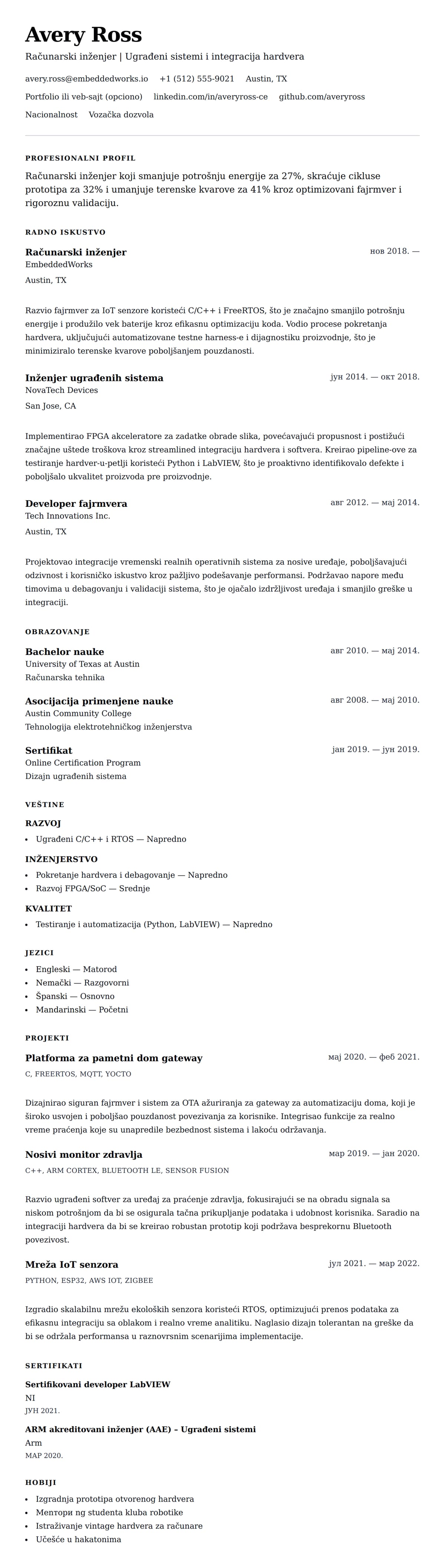 Pregled životopisa za Primer CV-a za računarskog inženjera