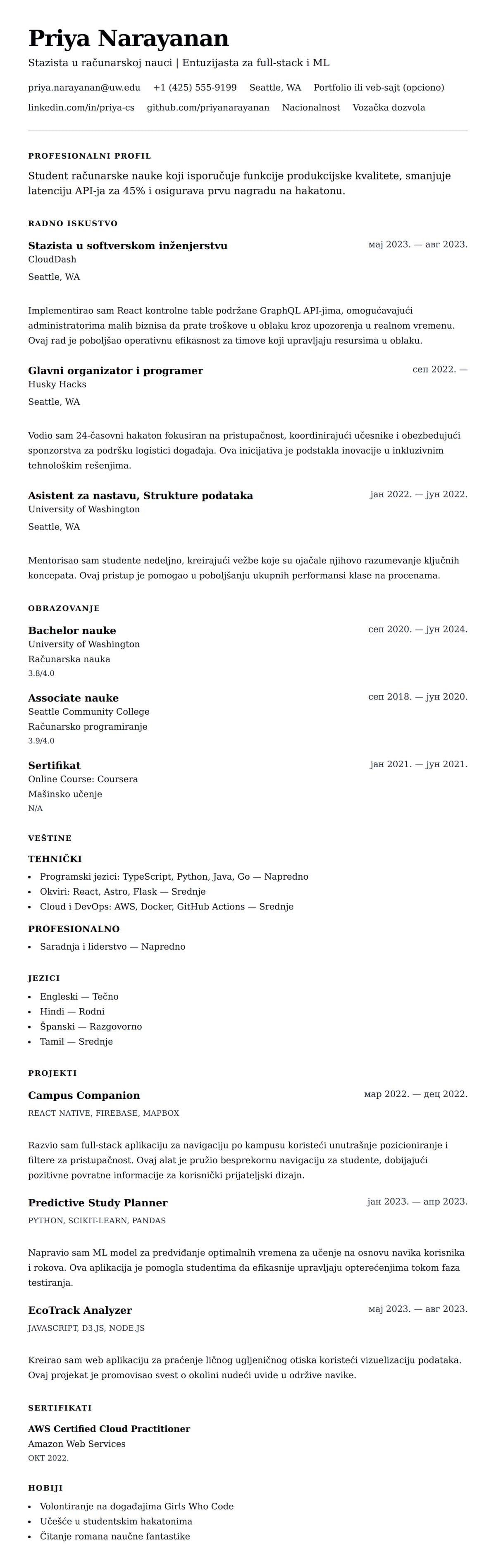 Pregled životopisa za Primer CV-a za praksu u računarskoj nauci