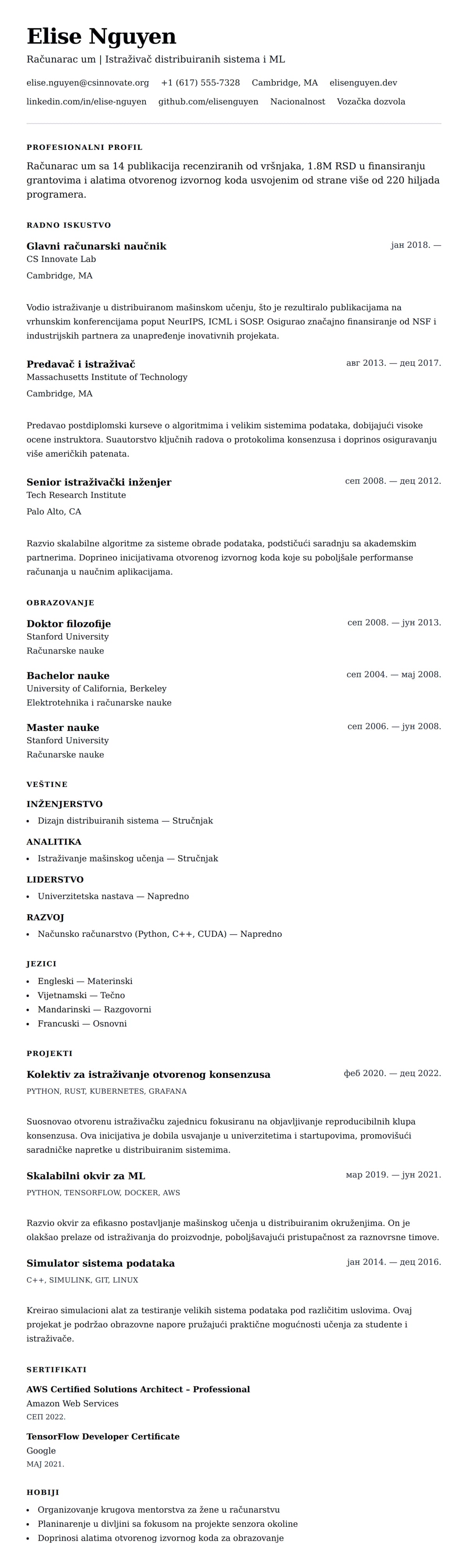 Pregled životopisa za Primer CV-a za stručnjaka za računarske nauke