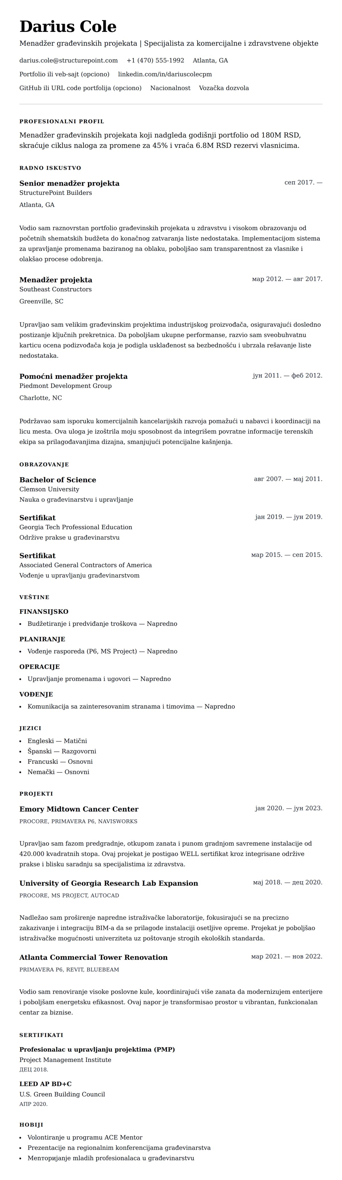 Pregled životopisa za Primer CV-a za Menadžera građevinskih projekata