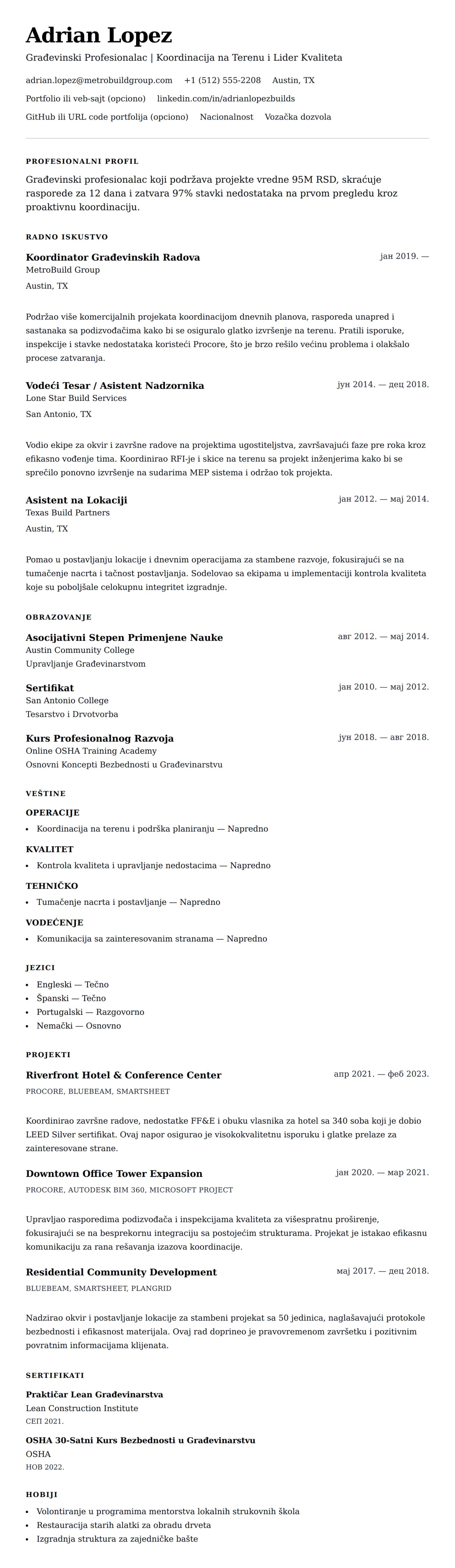 Pregled životopisa za Primer Životopisa za Građevinskog Profesionalca