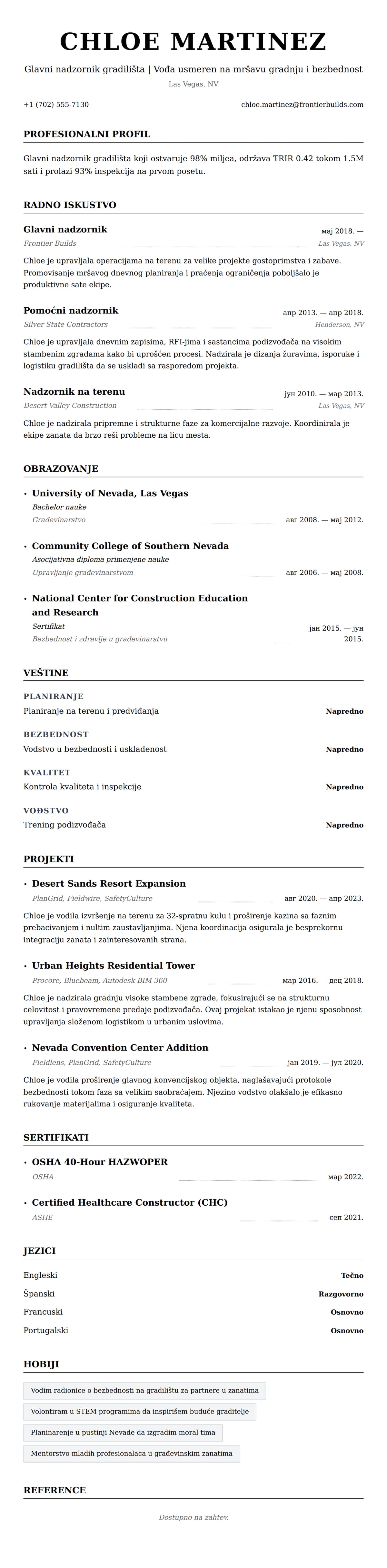 Pregled životopisa za Primer CV-a za glavnog nadzornika gradilišta