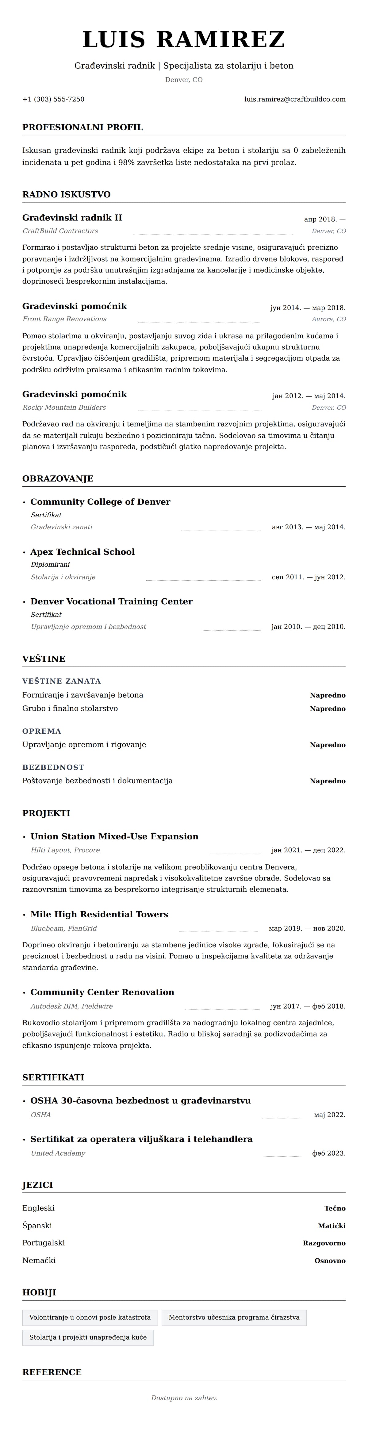 Pregled životopisa za Primer životopisa građevinskog radnika