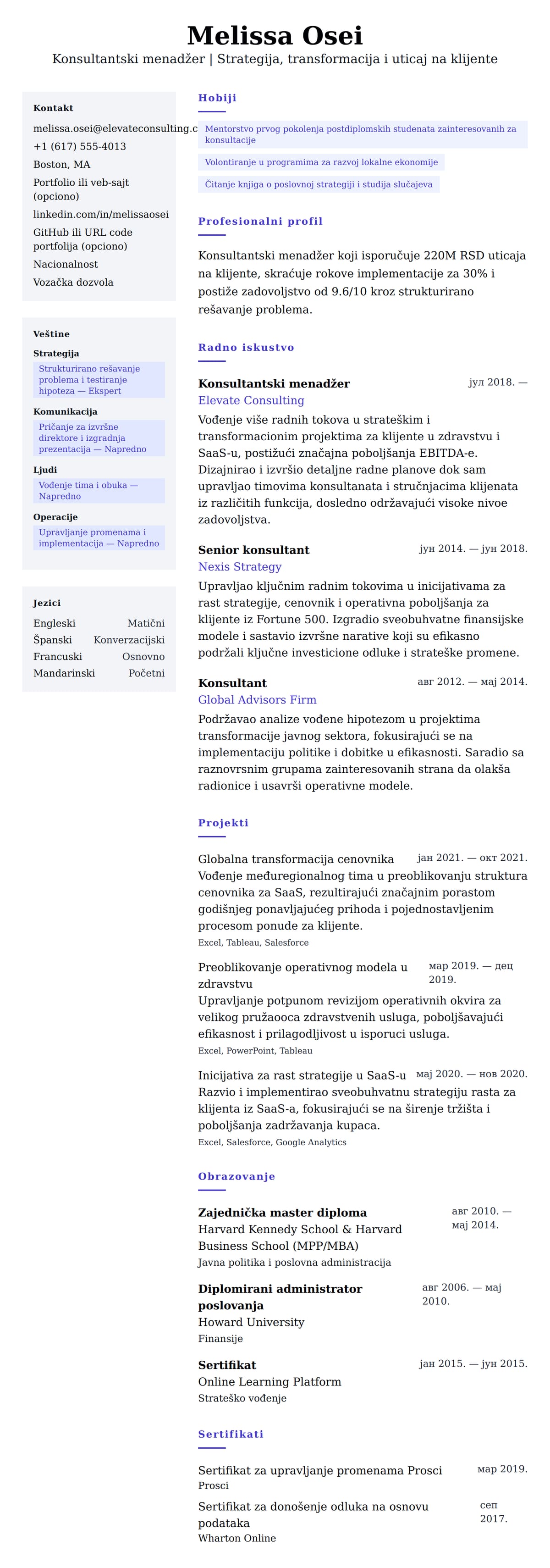 Pregled životopisa za Primer CV-a za konsultantskog menadžera