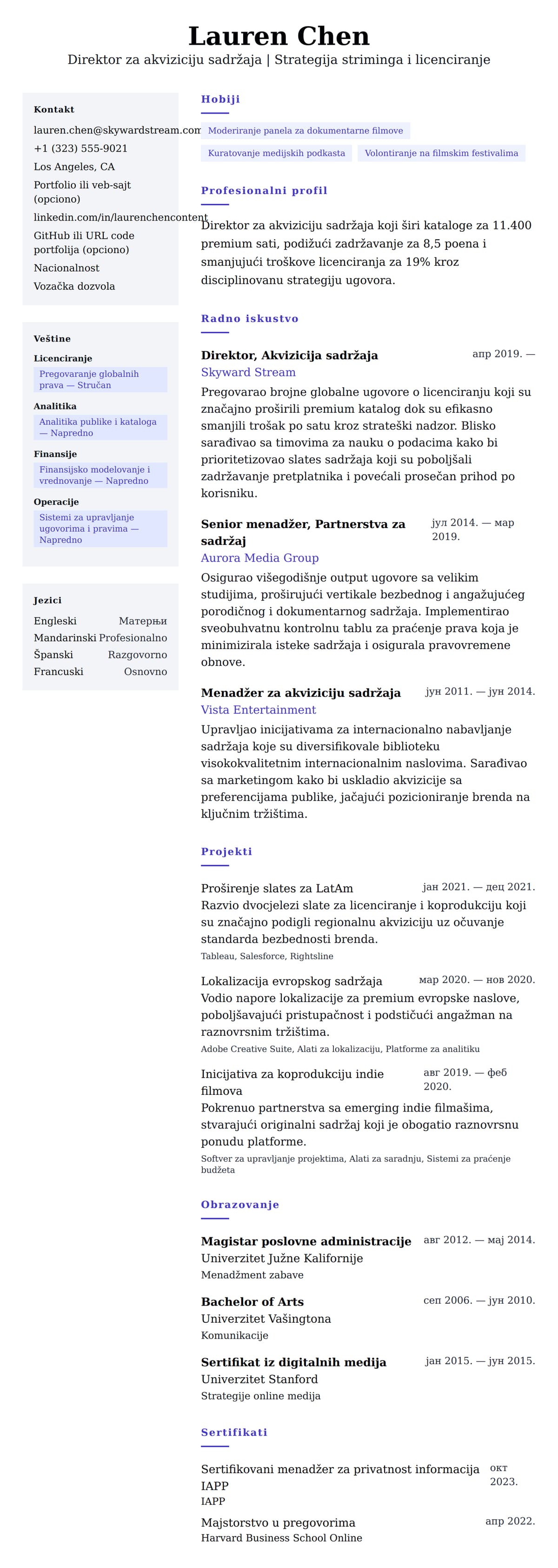 Pregled životopisa za Primer CV-a za direktora za akviziciju sadržaja