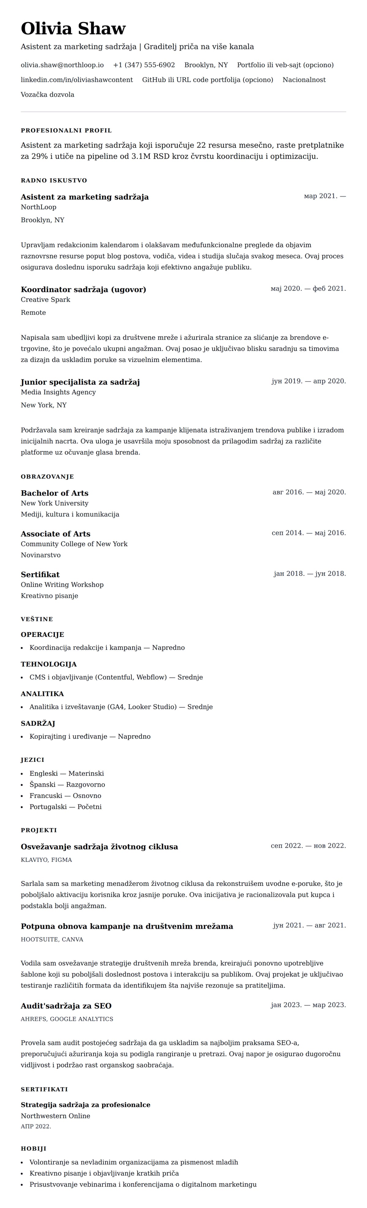 Pregled životopisa za Primer CV-a za asistent za marketing sadržaja