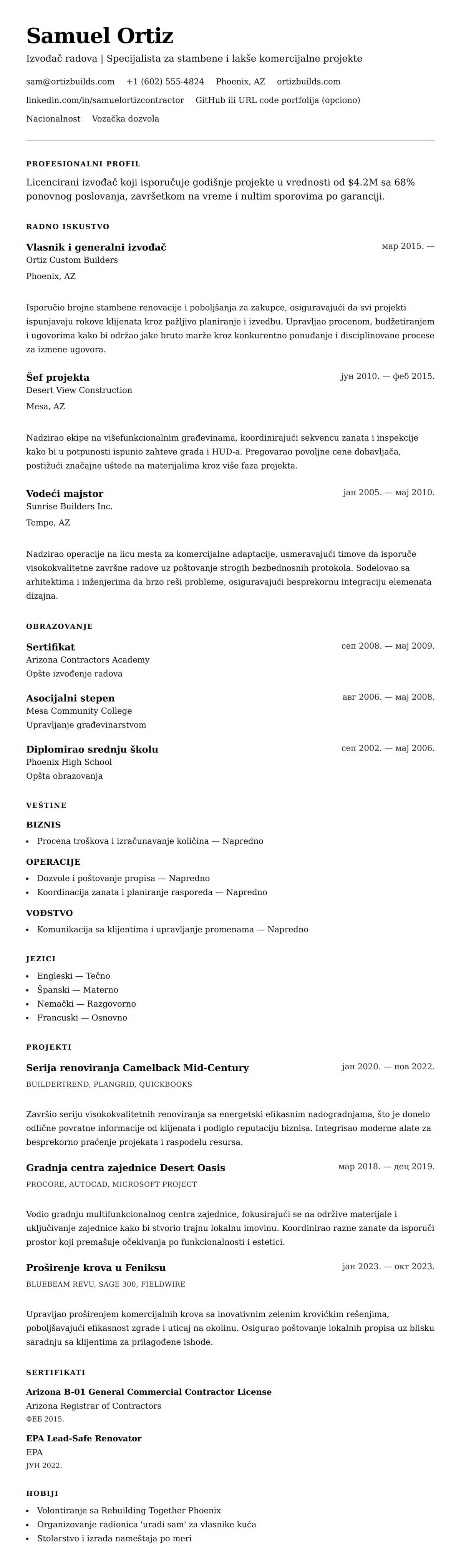 Pregled životopisa za Primer životopisa za izvođača radova