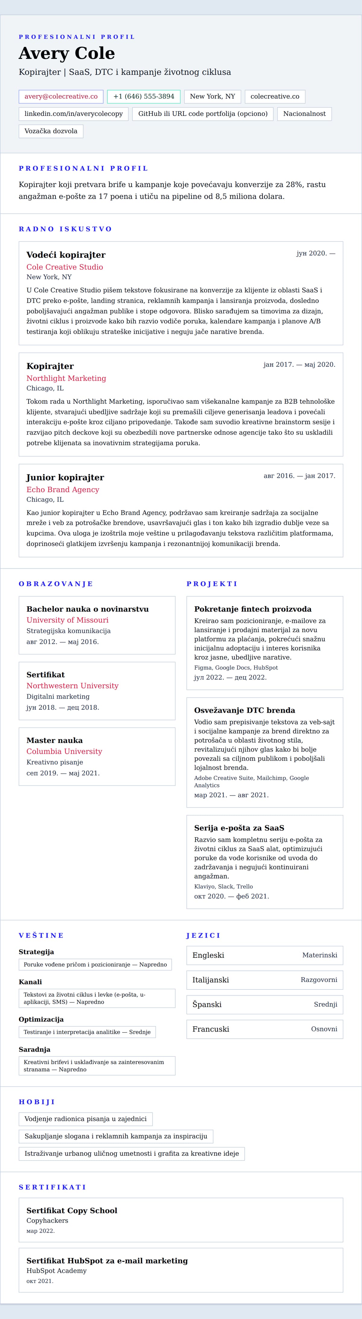 Pregled životopisa za Primer CV-a za kopirajtera