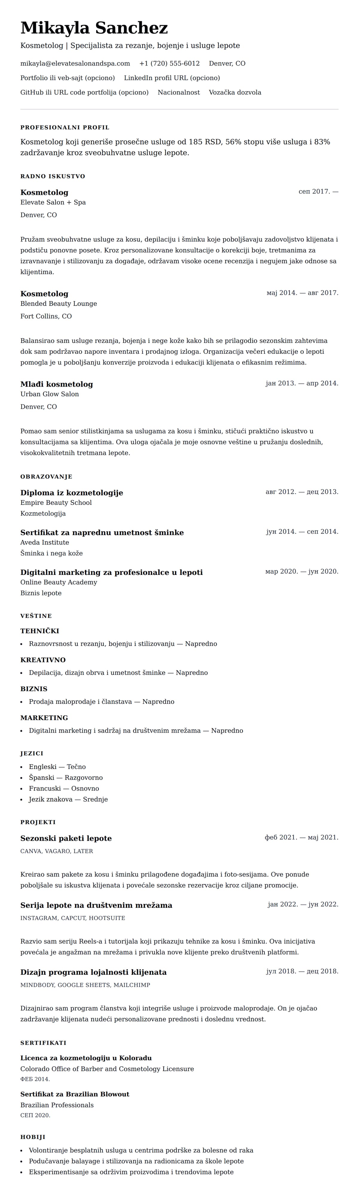 Pregled životopisa za Primer životopisa za kosmetologa