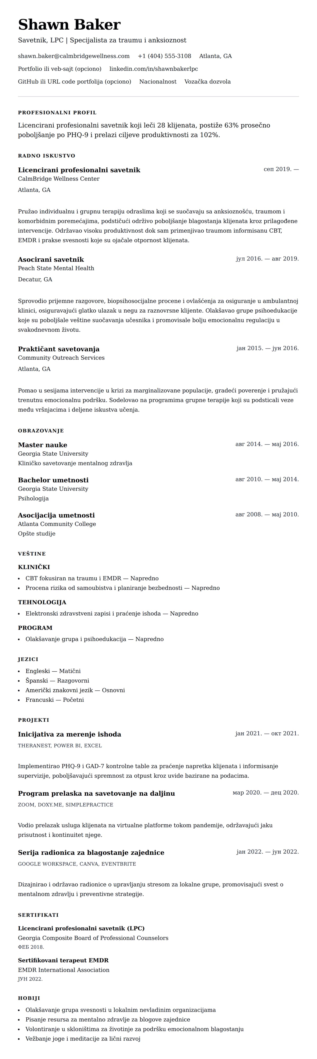 Pregled životopisa za Primer CV-a za savetnika