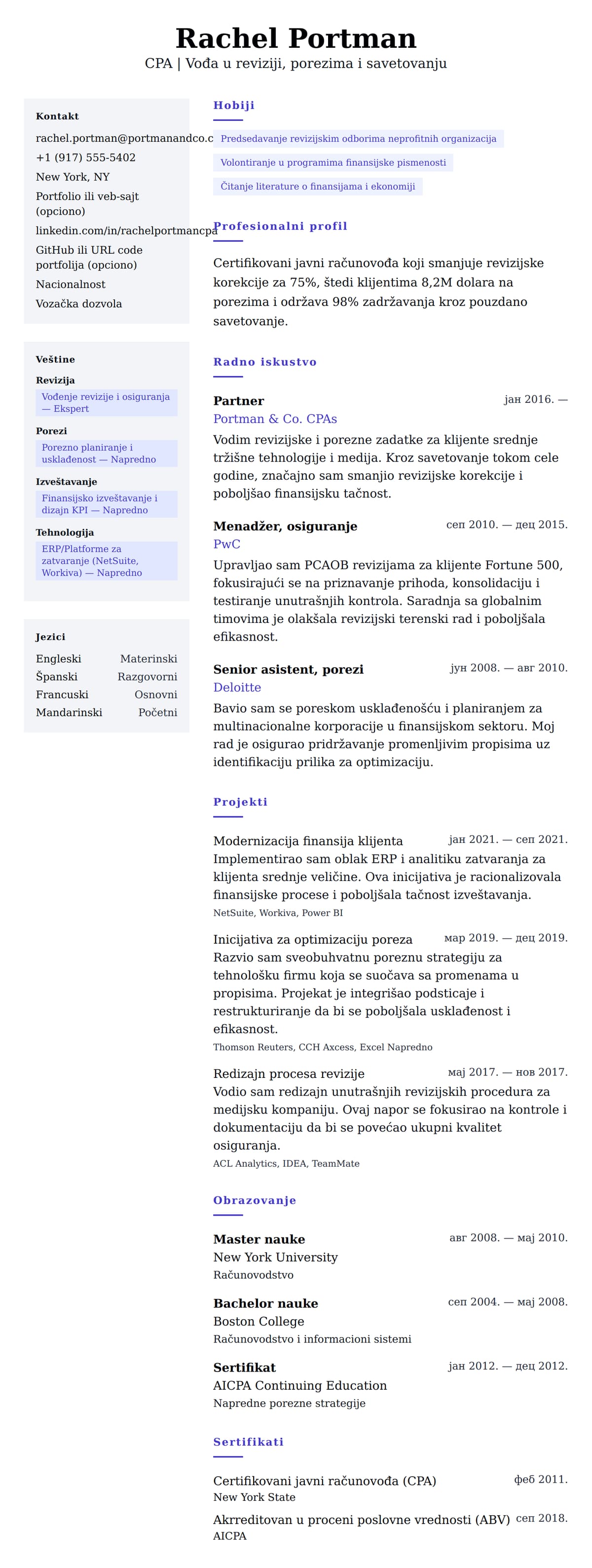 Pregled životopisa za Primer životopisa certifikovanog javnog računovođe