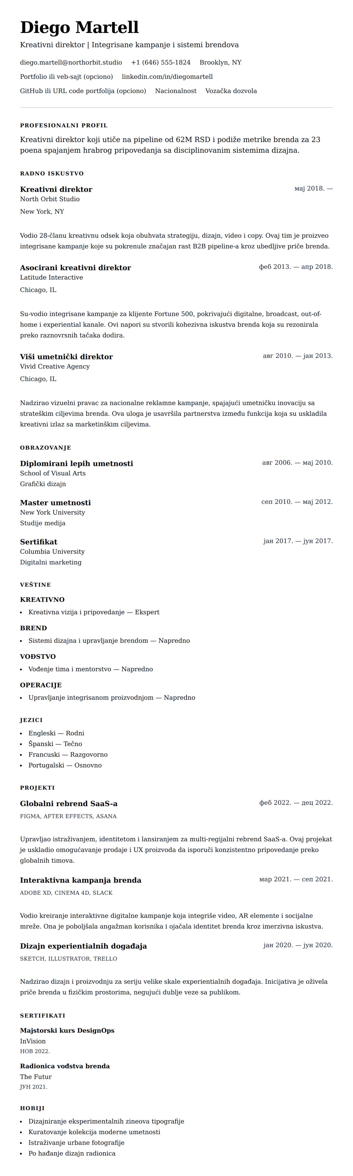 Pregled životopisa za Primer CV-a za kreativnog direktora