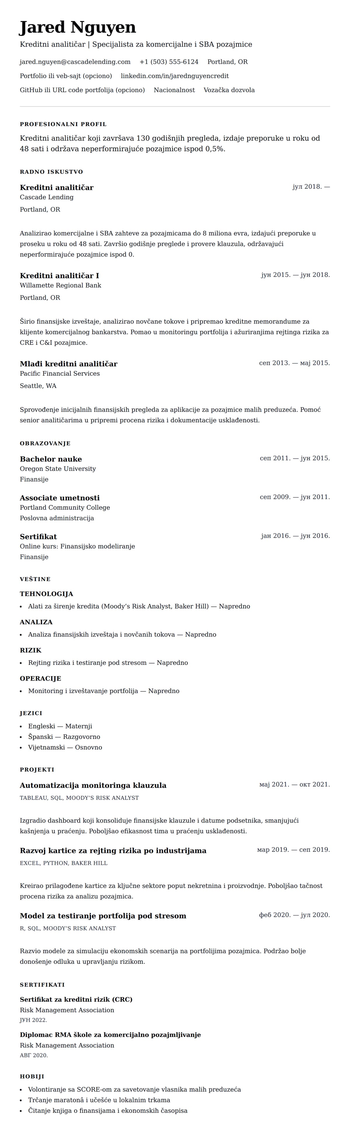 Pregled životopisa za Primer CV-a za kreditnog analitičara