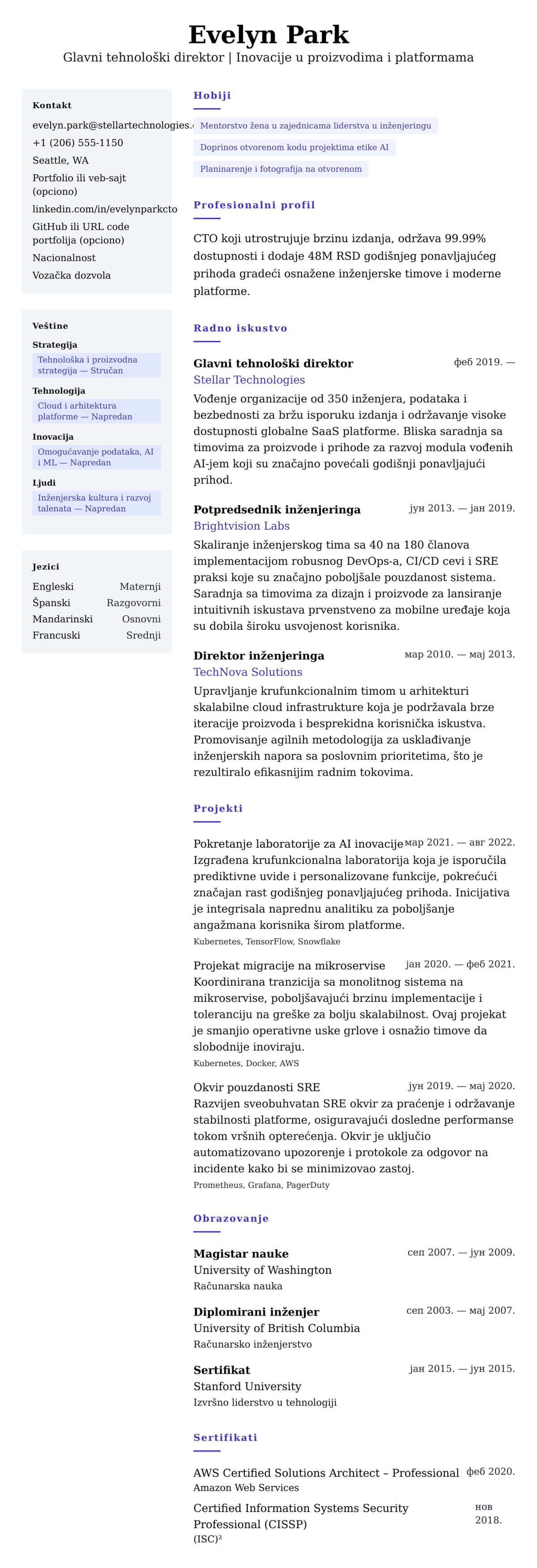 Pregled životopisa za Primer životopisa za glavnog tehnološkog direktora