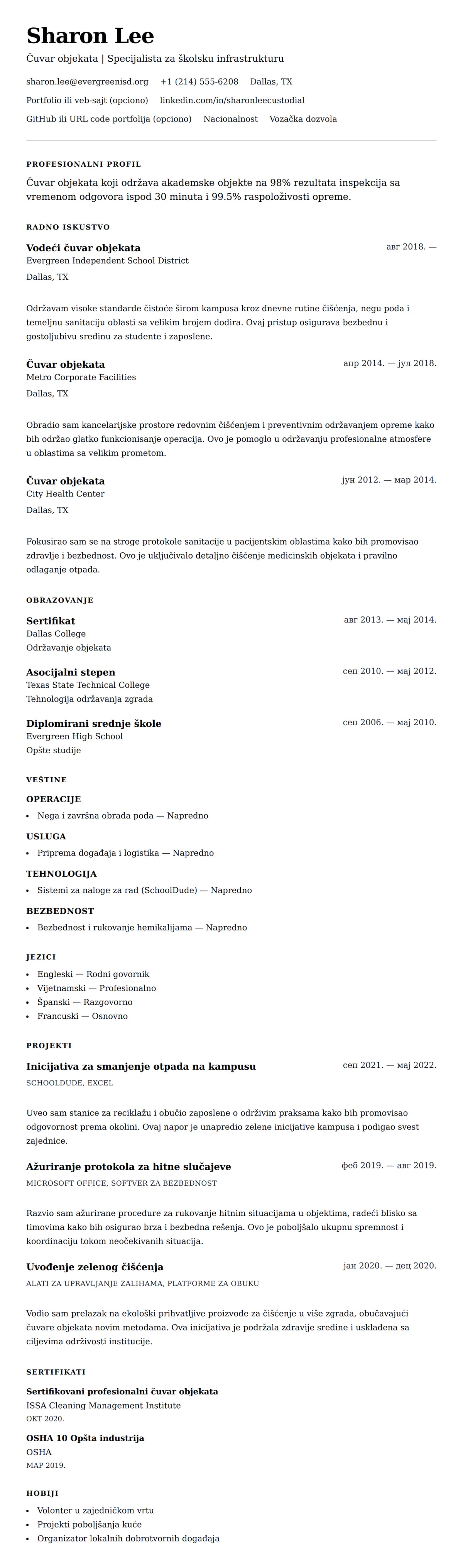 Pregled životopisa za Primer CV-a za čuvara objekata