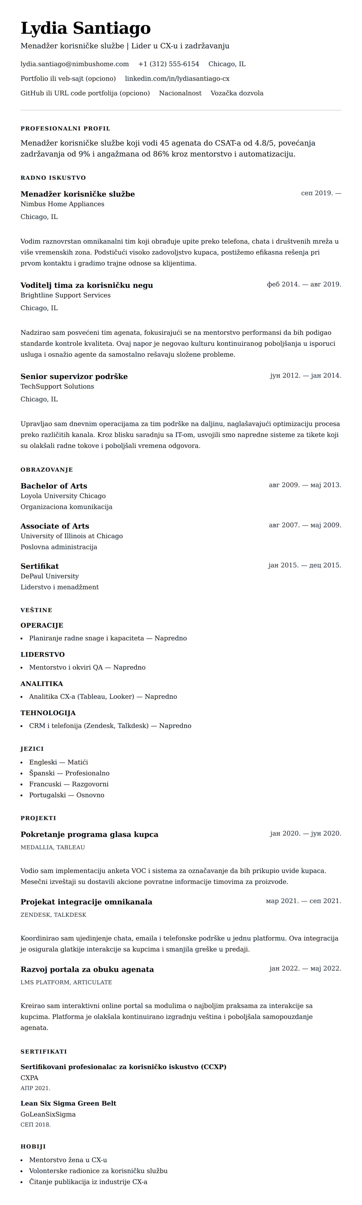 Pregled životopisa za Primer CV-a za menadžera korisničke službe