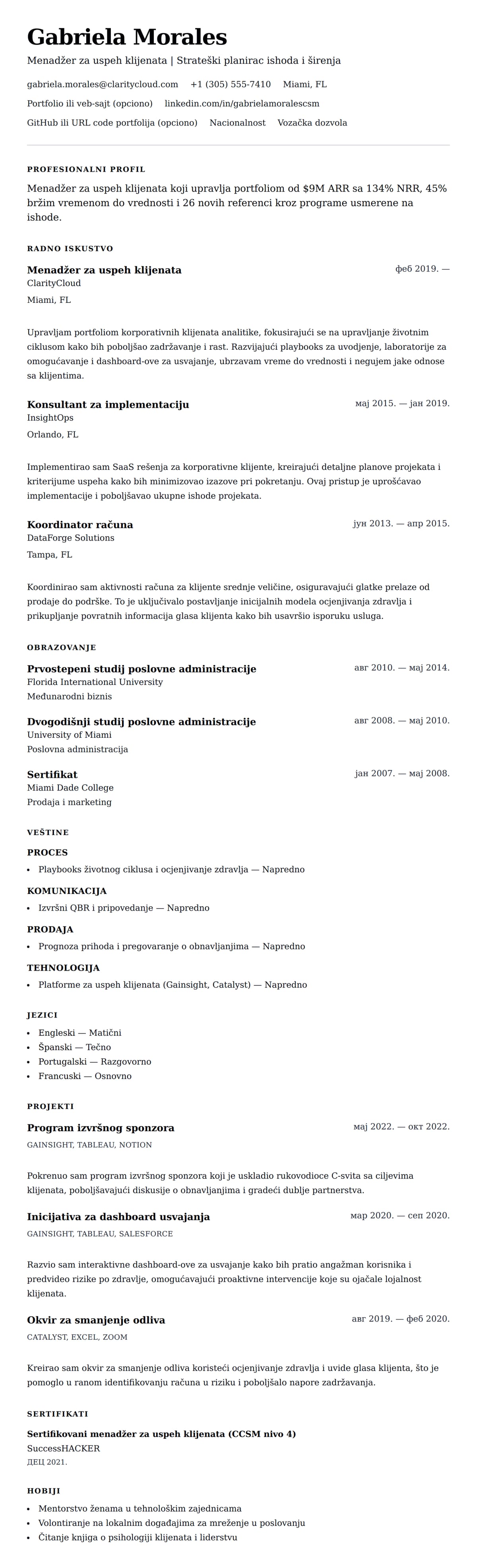 Pregled životopisa za Primer CV-a za menadžera za uspeh klijenata
