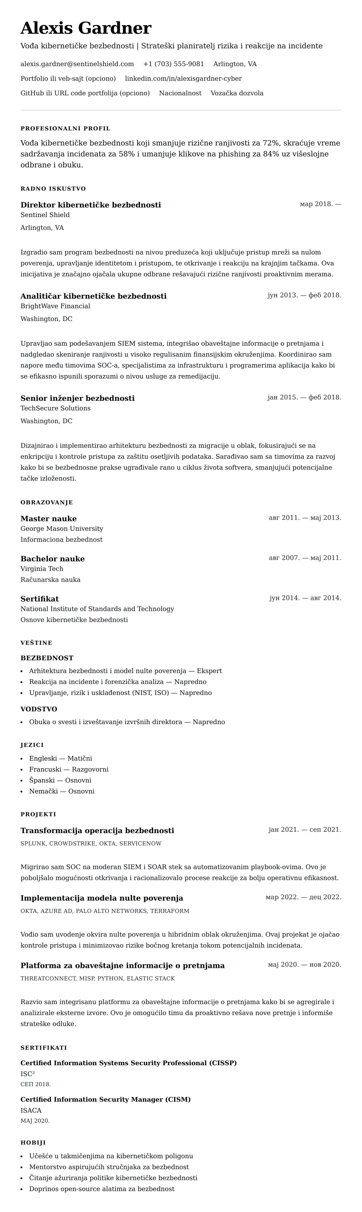 Pregled životopisa za Primer CV-a za stručnjaka za kibernetičku bezbednost