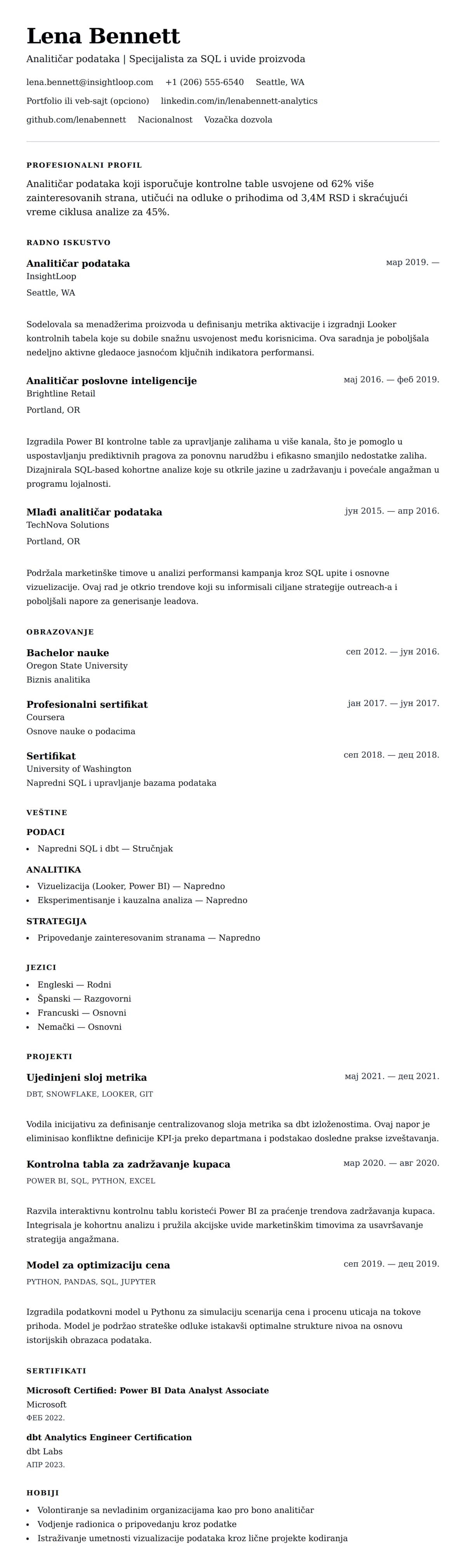 Pregled životopisa za Primer CV-a za analitičara podataka