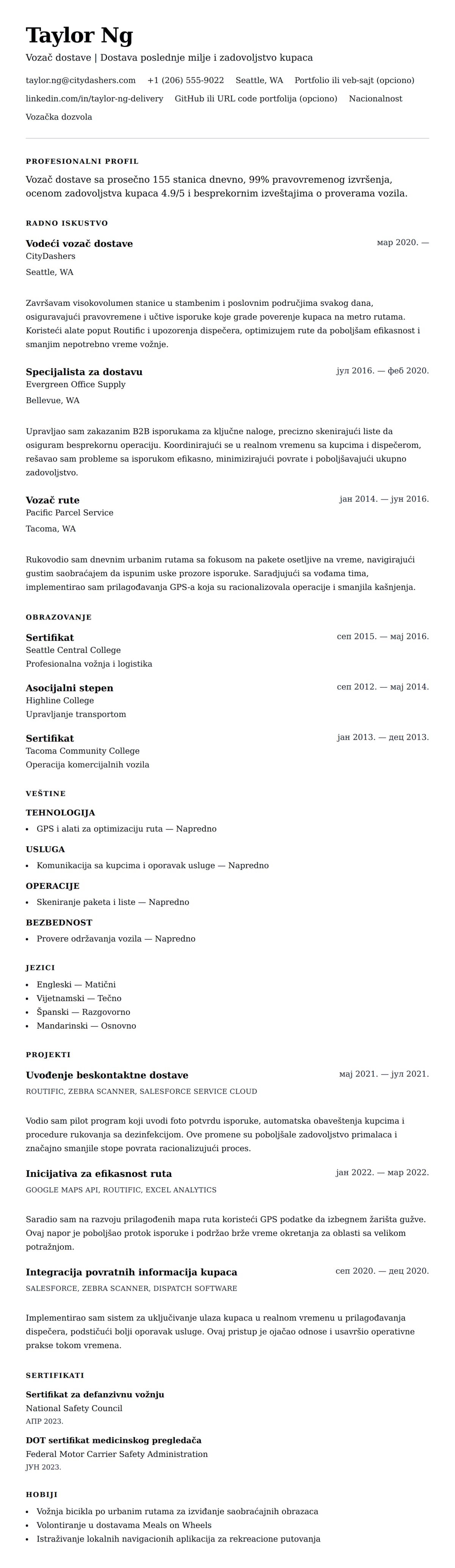 Pregled životopisa za Primer životopisa za vozača dostave