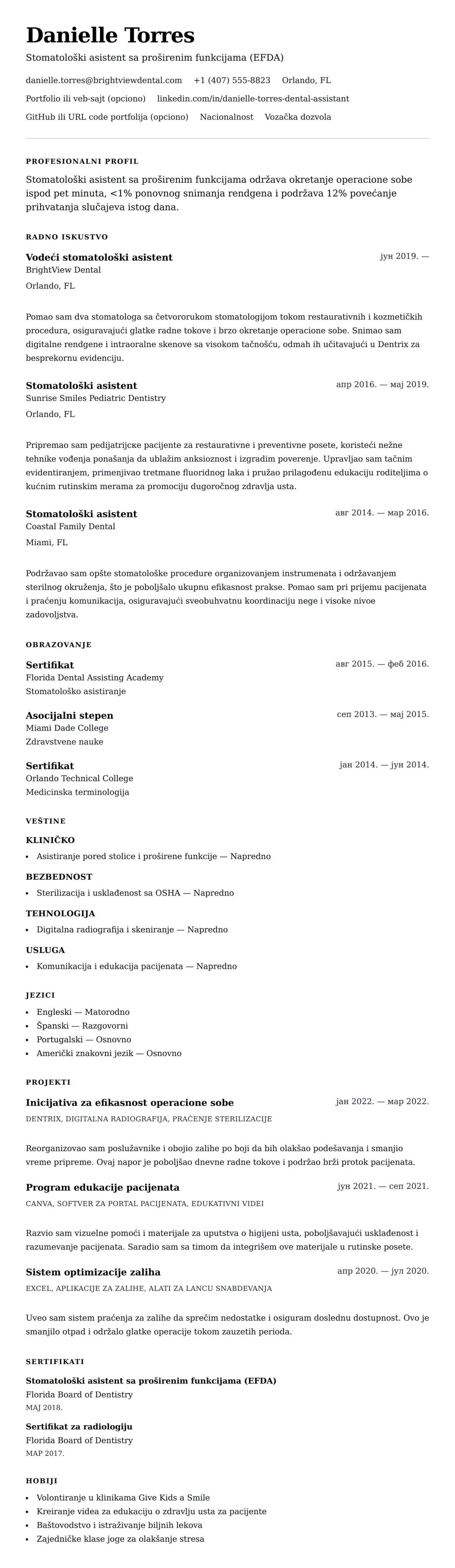 Pregled životopisa za Primer CV-a za stomatološkog asistenta