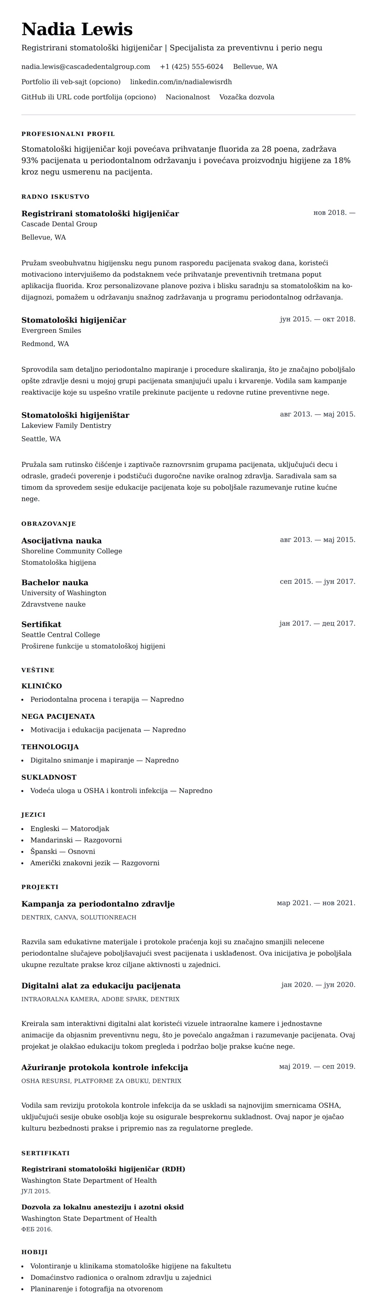 Pregled životopisa za Primer CV-a za stomatološkog higijeničara