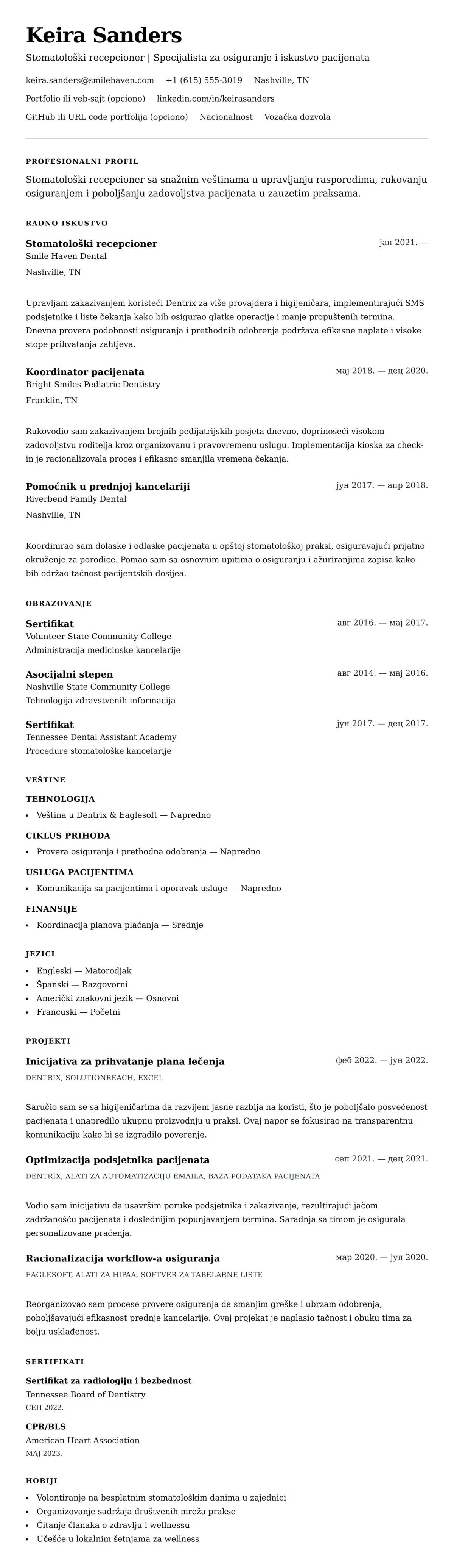 Pregled životopisa za Primer životopisa za stomatološkog recepcionera