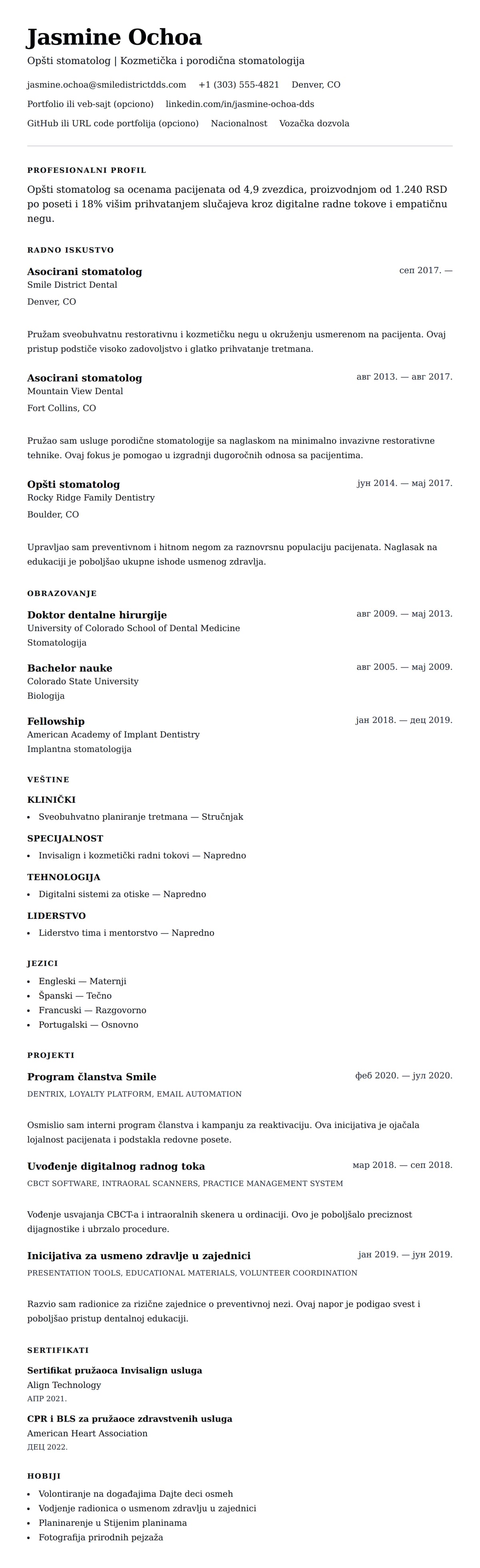 Pregled životopisa za Primer životopisa za stomatologa