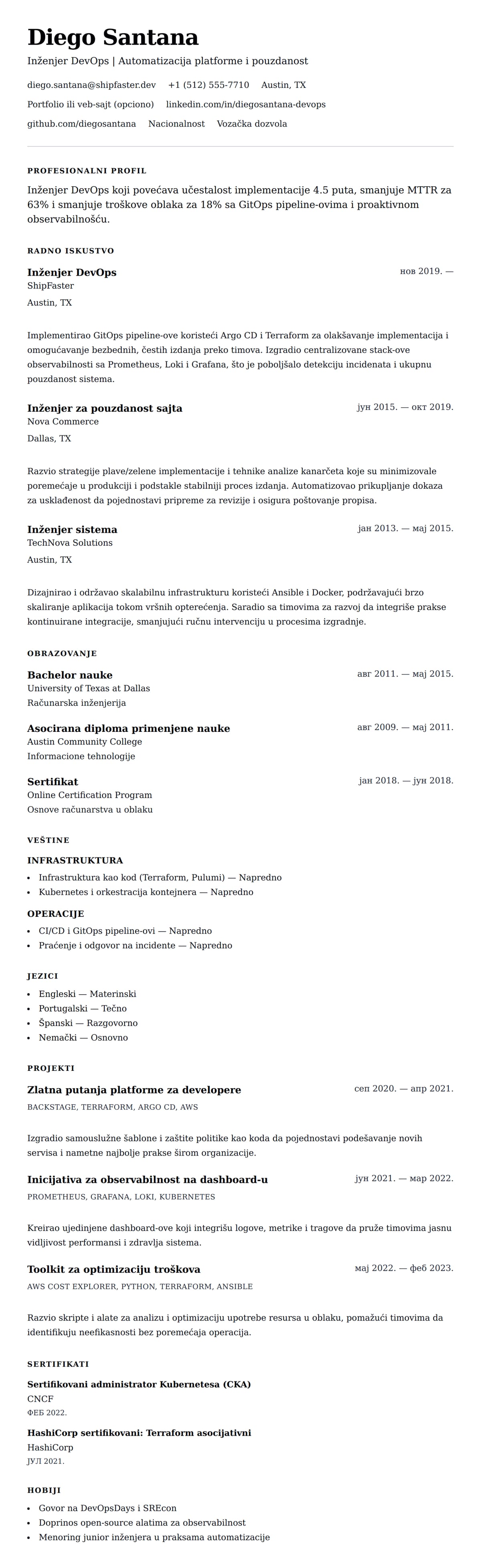 Pregled životopisa za Primer CV-a za inženjera DevOps