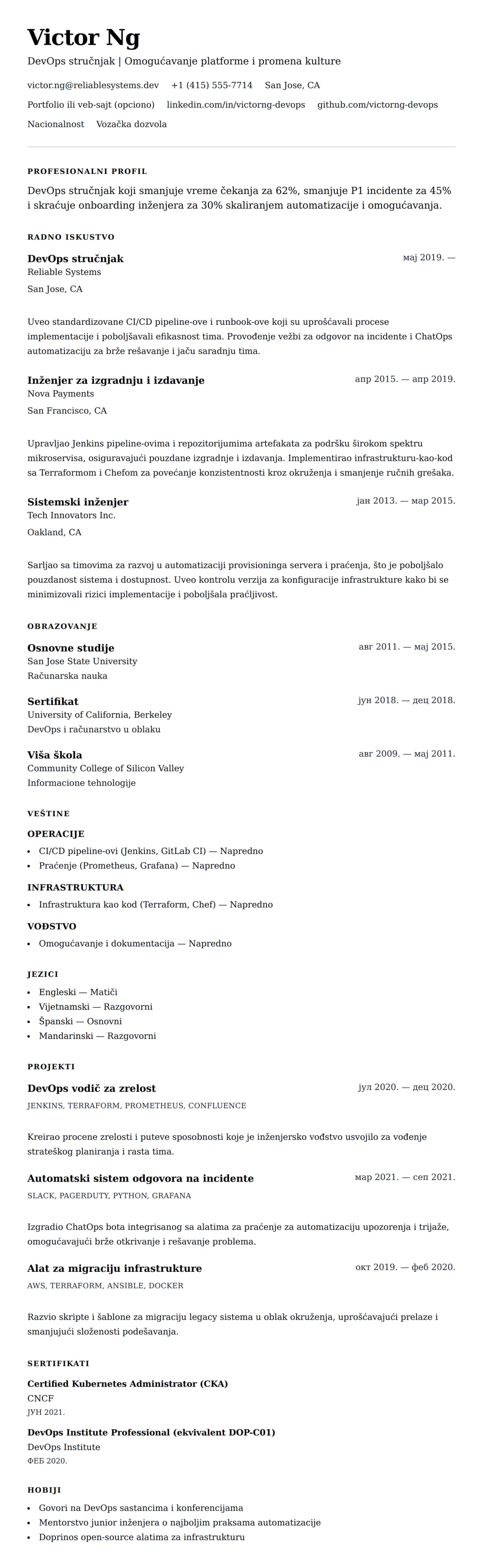 Pregled životopisa za Primer CV-a za DevOps stručnjaka