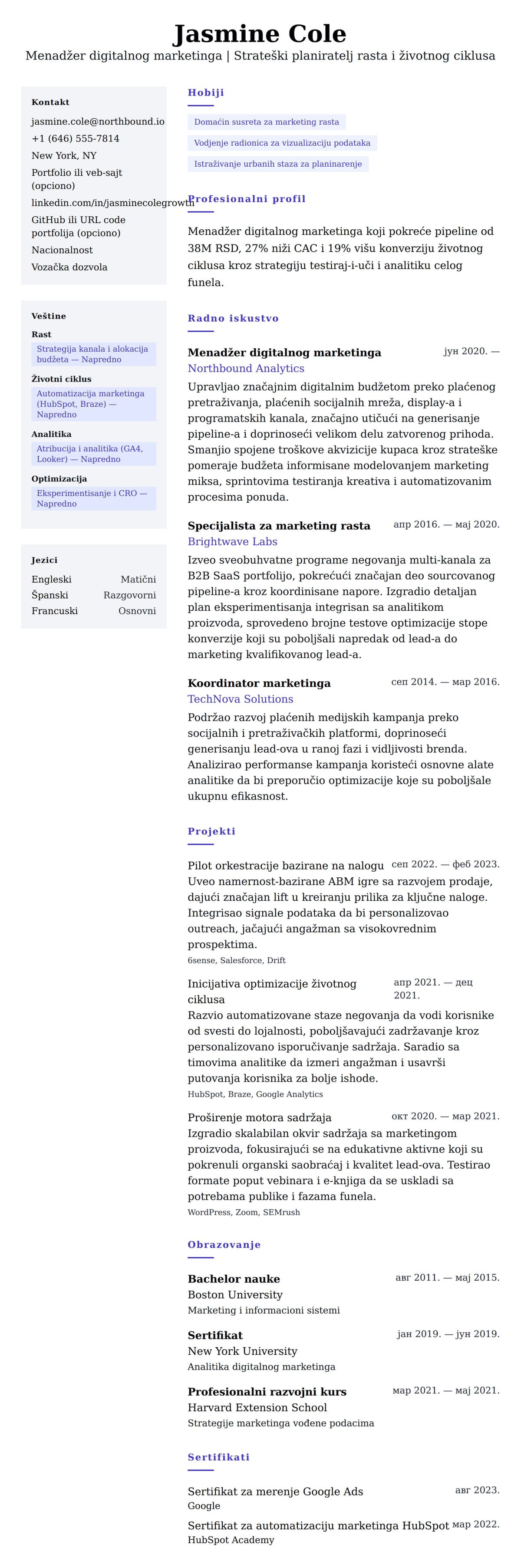 Pregled životopisa za Primer CV-a za menadžera digitalnog marketinga