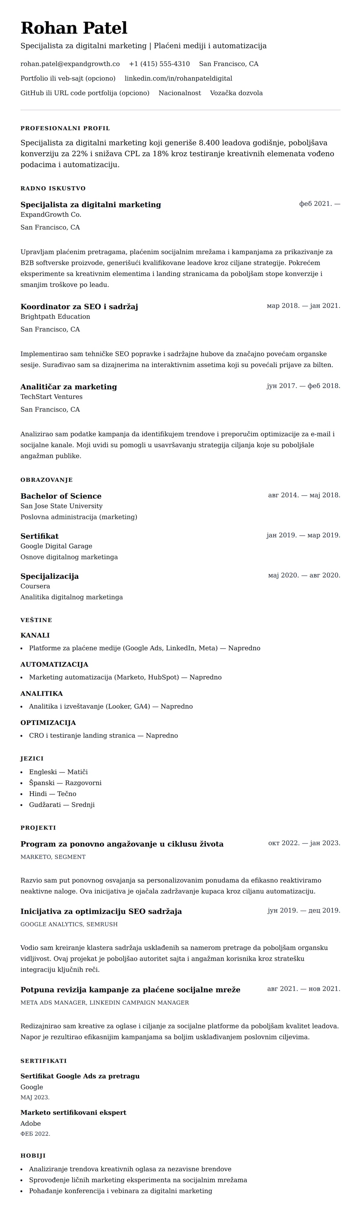Pregled životopisa za Primer životopisa specijaliste za digitalni marketing
